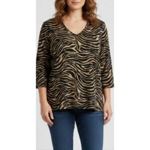 Briggs New York XL Zebra Print V-Neck Top Brown Black 3/4 Sleeve Chic.